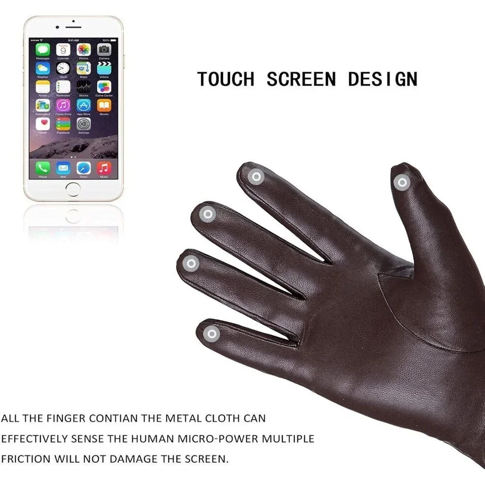 Women's Brown Winter Leather Gloves Wool Fleece Lined Thermal Touchscreen